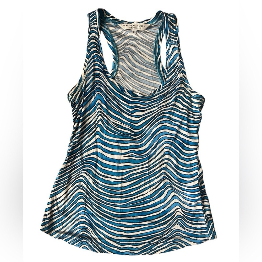 Trina Turk Blue White Wavy Stripe Racerback Tank Top Petite P